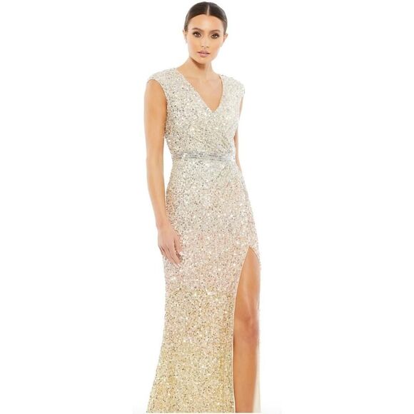 Mac Duggal Cap Sleeve Sequined High Slit Gown - Size 8 - NWT - Picture 1 of 7